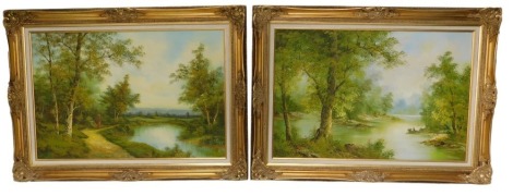 I Cafieri. Figure by a lake in a woodland setting, and a companion picture, a pair, oil on canvas, signed, 60cm x 90cm.