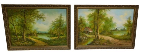 I Cafieri. Figure and a cottage by a lake in a woodland setting, and a companion painting, a pair, oil on canvas, 60cm x 90cm.