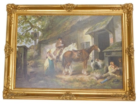 After George Morland. Rural scene with figures, horses and dogs outside an inn, print on textured canvas, 48cm x 70cm.