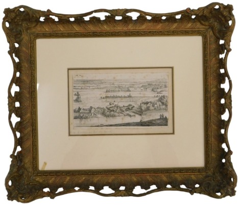 A 19thC etching after Johannes Ruisscher (reworked by Anthonie Waterloo), entitled Village Beside a Canal in pencil on the mount, 12cm x 21cm.