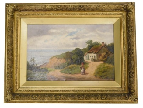 GH (early 20thC English School). Coastal scene with thatched cottage on a cliff with figure on the foreshore, oil on canvas, signed with initials and with indistinct date, 30cm x 45cm.