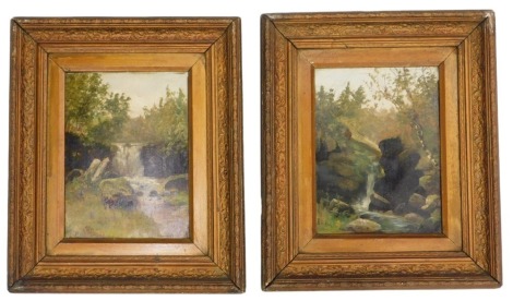 E Hill (Early 20thC English School). Scenes with waterfalls, oil on artist's board, signed, a pair, 30cm x 22cm.