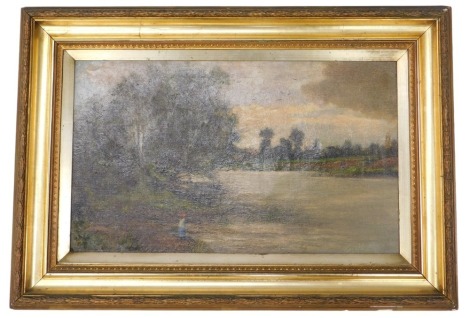 20thC English School. River scene in summer, possibly River Trent, with figures fishing, oil on canvas, 29cm x 50cm.