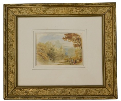 Follower of JMW Turner (19thC). View of Warwick Castle from the river, with figures in a boat and in the foreground, watercolour drawing, 11cm x 16cm.