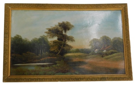 W Haines. Cottage woodland scene, oil on board, in gilt frame.