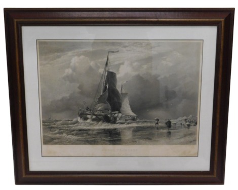 After EW Cooke RA. Dutch trawlers, landing fish at Egmont, engraving by Arthur Willmor, published by The Art Union of London 1872, 50cm x 67cm.