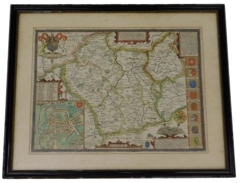 Antiquarian map of Leicestershire after John Speede, incorporating map of Leicester, coats of arms, with later hand coloured decoration, 39cm x 52cm, bookplate map glazed verso.