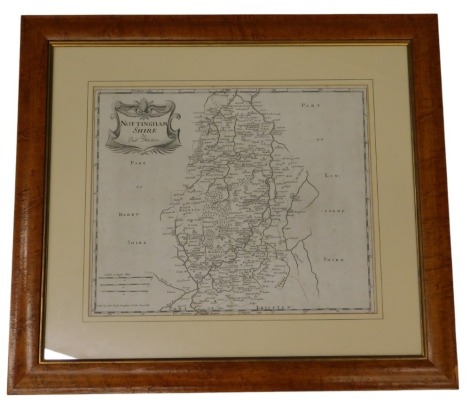 Antiquarian engraved map of Nottinghamshire after Robert Morden, 35cm x 42cm, in maple frame.