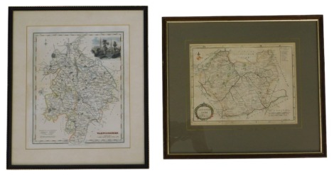 18thC map of Leicestershire after Robert Morden, with later handpainted decoration, 17cm x 23cm, and a 19thC engraved map of Warwickshire, with later hand coloured decoration. (2)