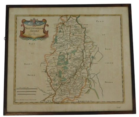 An antiquarian map of Nottinghamshire after Robert Morden, with later handpainted decoration, 40cm x 47cm.