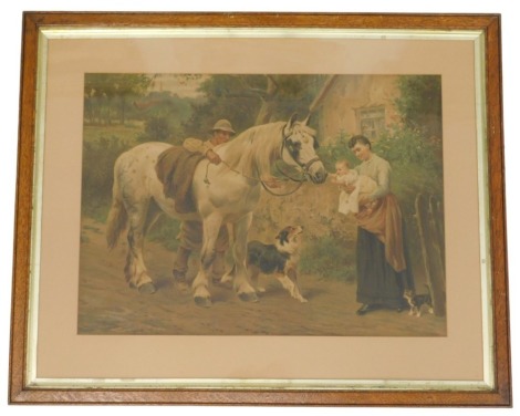 An early 20thC coloured lithograph in the style of Arthur Elsley, rural scene with horse and figures outside cottage, 35cm x 49cm, in oak frame.