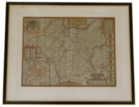 An antiquarian map of Leicestershire after John Speede, incorporating a map of Leicester, with later hand coloured decoration, 38cm x 50cm.