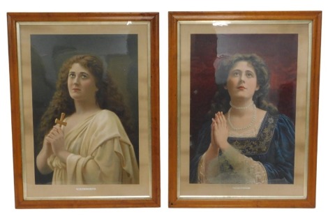 A pair of early 20thC religious portrait coloured lithographs, titled The Sign of the Cross and Lead Kindly Light, 58cm x 41cm, both in bird's eye maple frames.