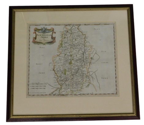 An antiquarian map of Nottinghamshire after Robert Morden, with later hand coloured decoration, 35cm x 42cm.