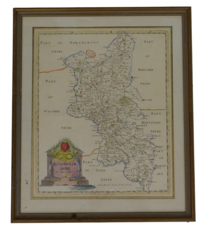 An antiquarian map of Buckinghamshire after Robert Morden, with later hand coloured decoration, 43cm x 35cm.