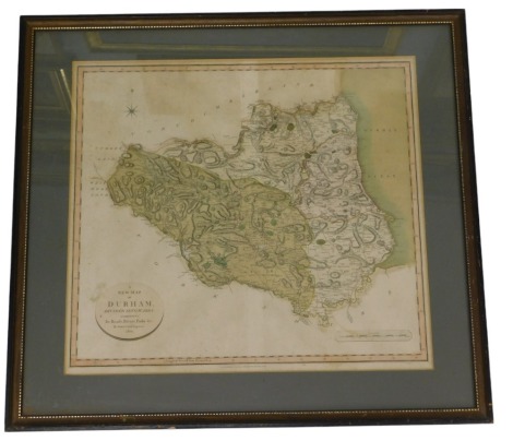 An early 19thC engraved map of Durham, entitled A New Map of Durham Divided into Wards, exhibiting its roads, rivers, parks, etc., by John Carey engraver 1801, coloured decoration, 50cm x 55cm.