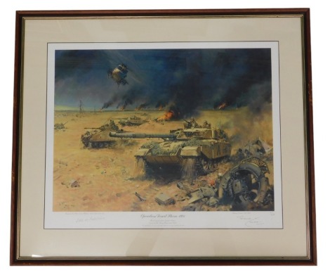 After Terence Cuneo. Operation Desert Storm 1991, commemorative limited edition coloured print in aide of the Army Benevolent Fund, number 471/850, signed in pencil by Terence Cuneo and General Sir Peter de la Billier KCB KBE DSO and MC, 50cm x 64cm.