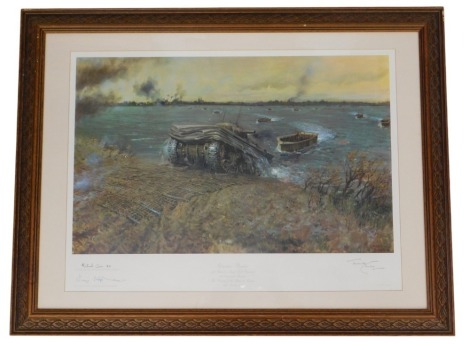 After Terence Cuneo. Operation Plunder (44th Battalion Royal Tank Regiment 4th Amy Brigade at the crossing of the Rhine, March 1945), signed b Terence Cuneo in pencil and Field Marshall Lord Carver GCB CBE DSO MC and Major General GC Hopkinson CB DSO OBE 