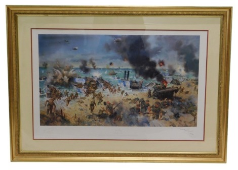 After Terence Cuneo. D-Day, 6th June 1944, limited edition coloured print number 554/850, signed by Terence Cuneo and General Sir John Mogg GCB CBE DSO DL, 58cm x 90cm.