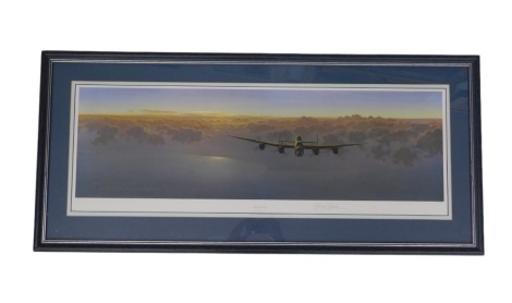 After Gerald Coulson. The Last Glow, Lancaster Bomber in the setting sun, signed in pencil on the margin, 33cm x 92cm.