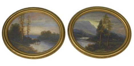 N Graham (early 20thC). Highland scenes with cattle watering and mountainous landscape with river, gouache, signed, 40cm x 50cm oval.