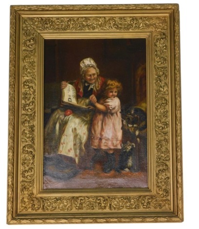 Late 19thC School. Interior scene with lady, child and cats, oil on canvas, 50cm x 34cm.