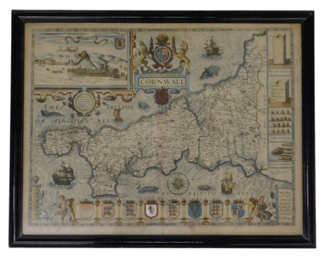 An antiquarian map of Cornwall, described by the Travills of John Norton?? Augmented and published by I Speed, with later hand coloured decoration, 40cm x 53cm.