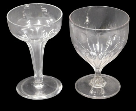 A 19thC semi-fluted glass rummer, and a Victorian Champagne glass, with slice cut stem and flared bowl, 12.5cm and 13.5cm respectively.