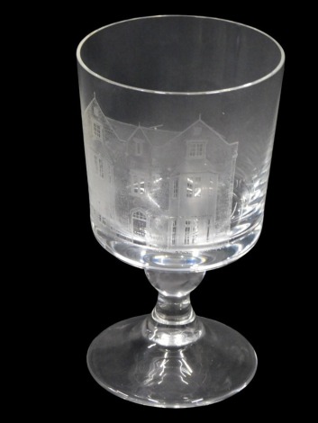 A modern glass goblet, with square bucket bowl, engraved with a mansion house, with plain knop stem and tapered foot, with a monogram TB.