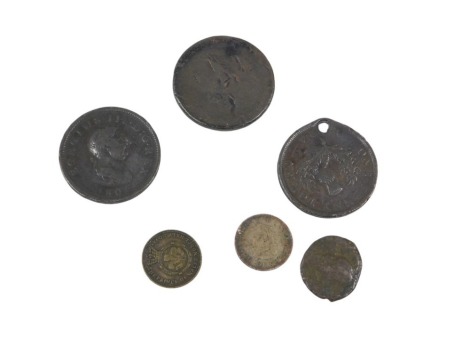 Two George III cartwheel pennies/ha'penny bits, and penny token for Nova Scotia 1824, a Roman type coin, etc.