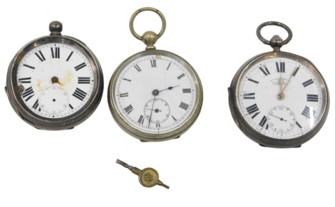 Three various pocket watches, comprising two silver pocket watches, one Birmingham 1911, key wind, marked Blue Empire, another with rubbed marks and key, and a silver plated example. (3, AF)