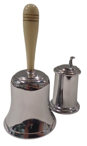 A Dunhill Bell table lighter, on a chrome finish, with ivory handle, 16cm high, and a Dunhill tankard shaped lighter. (2)