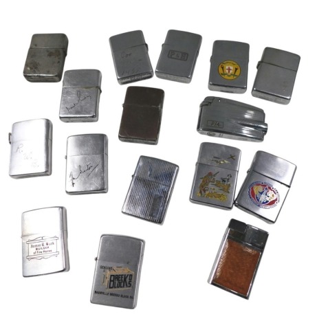 A collection of Zippo pocket lighters, each stainless steel cased, some with enamel decoration to include NASA, and others. (1 tray)