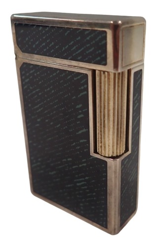 A SL Duport French lighter, with a blue and green enamel case, white metal stamped sterling.