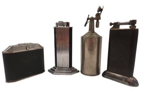 Four table lighters, comprising a Mc Murdo Slumberland lighter, a chrome bottled lighter, one stamped DP with Mercedes Benz leatherette casing to body, and a Dunhill brown leatherette lighter. (4)