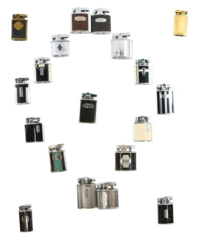 A collection of Ronson Gem lighters, some in Art Deco cases, bearing initials, engine engraved chrome and others, in fitted display case. (19)