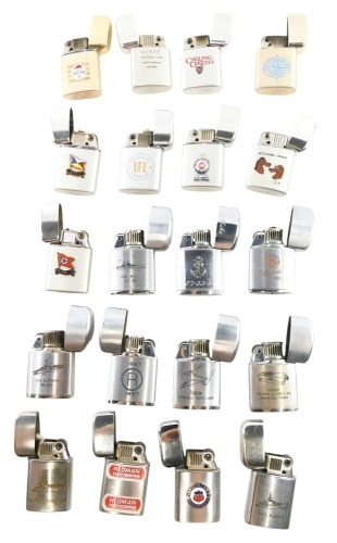 Twenty Typhoon Super Wind Light cigarette lighters, some with raised badges and enamel decoration, to include Hacker Machine and Supply, Electric Tubes General Electric, and others, in fitted case.