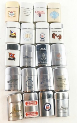 Twenty Typhoon Super Wind Light cigarette lighters, some with raised badges and enamel decoration, to include Hacker Machine and Supply, Electric Tubes General Electric, and others, in fitted case. - 2