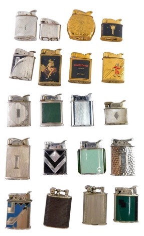 Twenty Evans pocket lighters, to include advertising veresta chicken tuna, semi-clad females, chrome shagreen enamel and other type casings, in fitted display case.