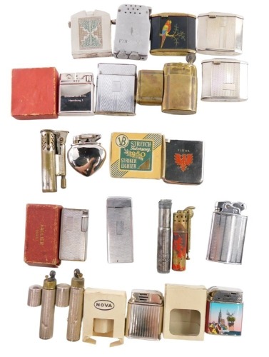 Withdrawn pre-sale. A group of assorted pocket lighters, to include Thorens, enamelled case lighters, Nova, Caranite, and others, some boxed in display case. (20)