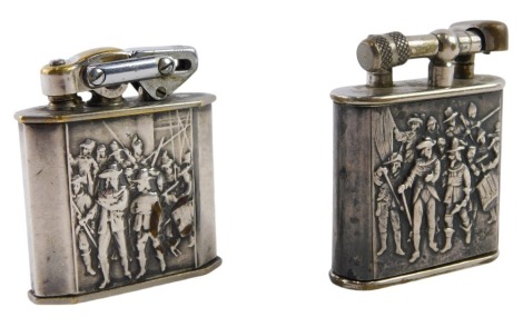 Two pocket lighters, comprising a Lire Dorgento warrior cased lighter, and a KW DRP of Germany lighter, white metal figures, in cases, unmarked. (2)