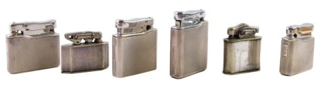 Five engine engraved cased lighters, comprising four Colibre Monogas, each bearing lion pattern stamp, and two Elisorn & Triumph silver plated and cased lighters. (6)