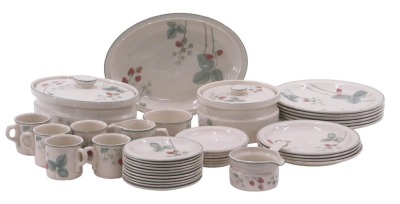 A Wedgwood Raspberry Cane pattern part dinner service, comprising oval tureen, circular tureen, ramekin and saucer, five teacups, milk jug, sugar bowl, oval serving plate, six dinner plates, four medium plates, eleven side plates, and five saucers.