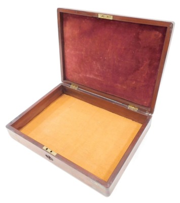 A 19thC mahogany stationery box, with brass bound borders and central panel, opening to reveal a brushed velvet topped interior, 9cm high, 40cm wide, 29cm deep. - 2