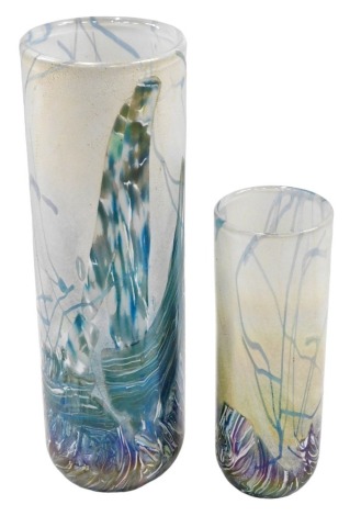 Two Art Glass iridescent vases, each on a cream ground, with blue and green swirl decoration, 30cm and 20cm high. (2)