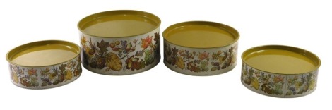 A set of Giftcharm 1970s circular biscuit tins, decorated with berries, nuts and pine cones, etc. (4)