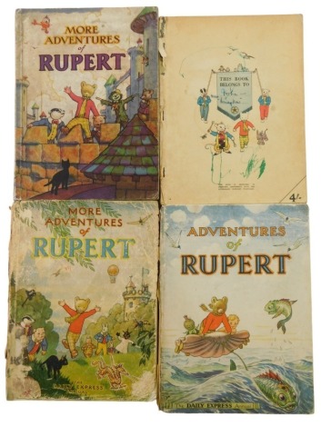 Four Adventures of Rupert the Bear books, to include 1942, The Daily Express Annual 1950, More Adventures of Rupert 1951 and 1947, one annual lacking cover. (4)