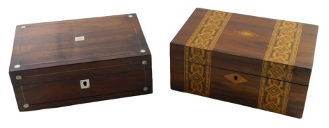 Two 19thC mahogany stationery boxes, one with marquetry and boxwood inlay, 11cm high, 25cm wide, 16cm deep, with partially fitted interior, and a further example, with mother of pearl inlay, lacking interior, 10cm high, 25cm wide, 18cm deep. (2)