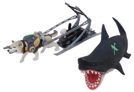 An Action Man shark, husky and associated sled.