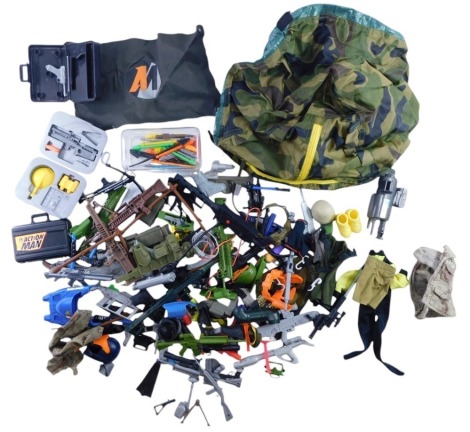 Various Action Man weapons, bullets, accessories, camouflage clothing, etc. (1 bag)